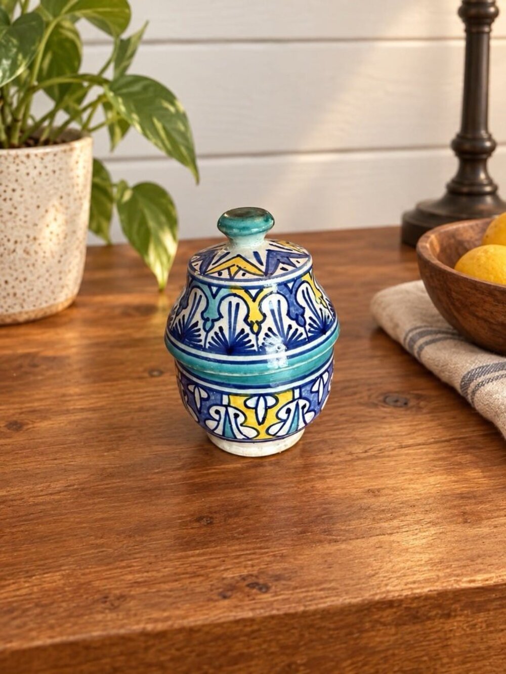 Vintage FES Morocco Hand Painted Pottery Lidded Jar Jobbana Signed F. Blue